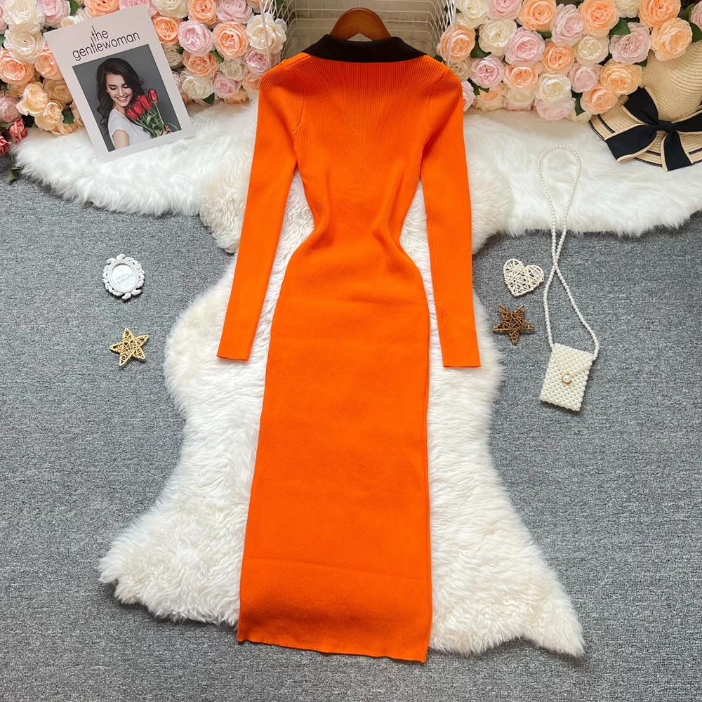 YuooMuoo Elegancka, seksowna sukienka dzianinowa podkreślająca biodra, długa, jesień-zima 2025, z kołnierzykiem, dopasowana sukienka swetrowa, streetwear