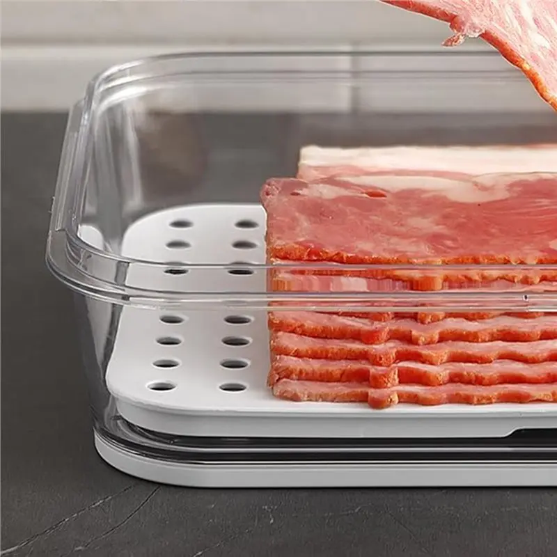 AB33-Bacon Storage Container With Air-Sealed Tight Lid For Fridge Bacon Holder Deli Meat Cheese Drain Plate For Refrigerator