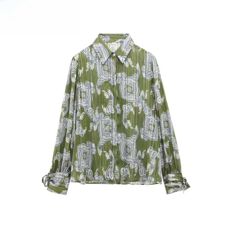 

ZBZR Spring New Women's Casual Loose Fit Long Sve irt Metal Color Print Turn-down Collar Floral Pattern Single Button Cl...