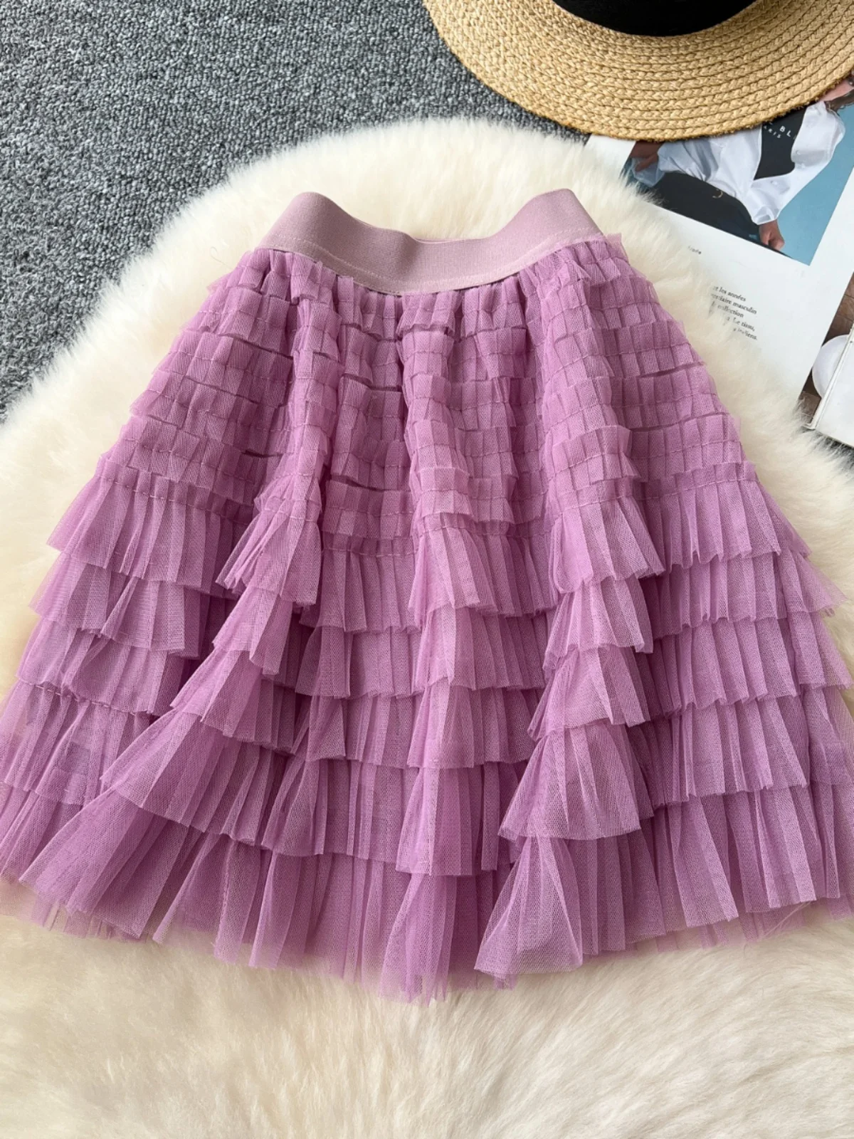 Hebe Style High Waist Elastic Slimming Design Pure Color Mesh Half Skirt Korean Version Commute A-Line Short Skirt for Girls