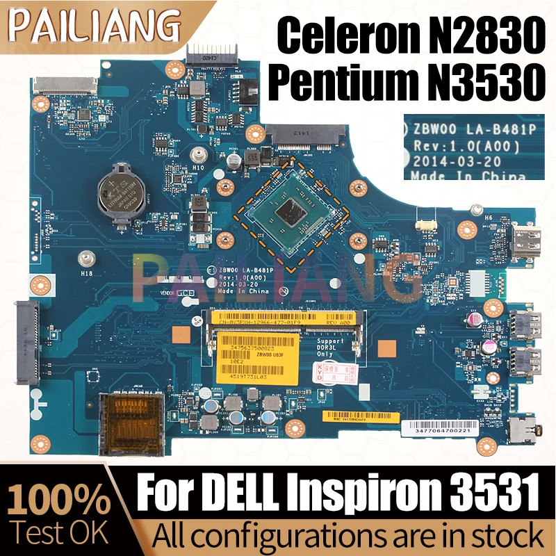 For Dell Inspiron 3531 Notebook Mainboard LA-B481P N2830 N3530 028V9W 0Y3PXH Laptop Motherboard Full Tested