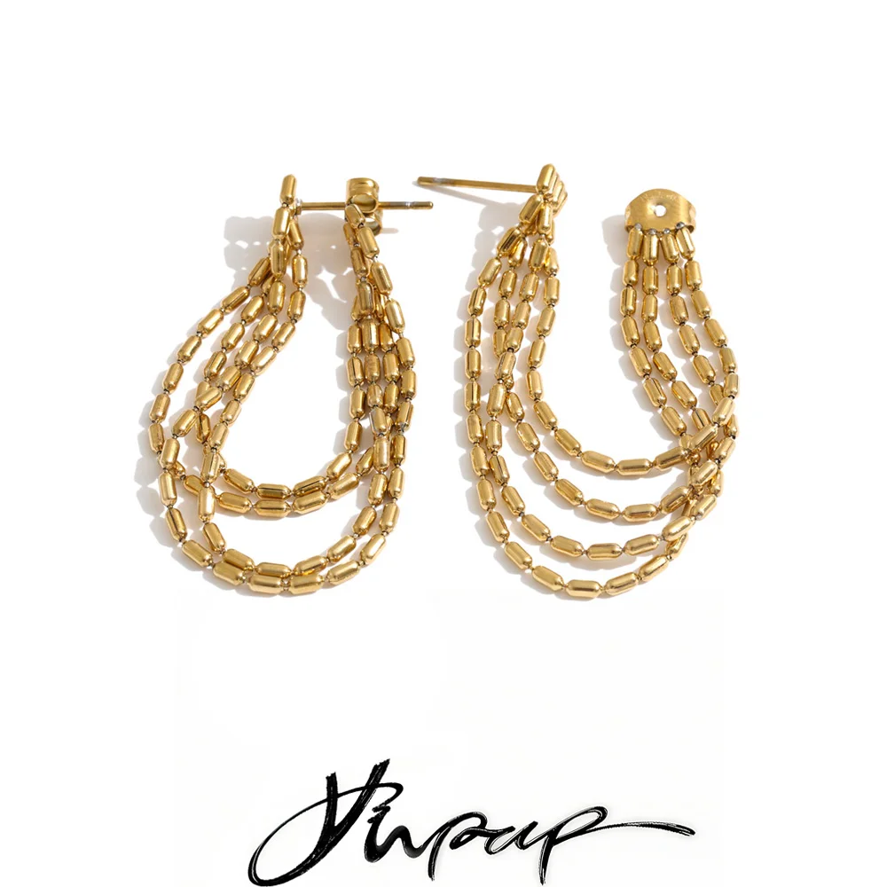 Yhpup Stainless Steel Tassel Beads Chain Drop Hoop Earrings Anti Allergic 18K Gold Color PVD Plated Casual Jewelry