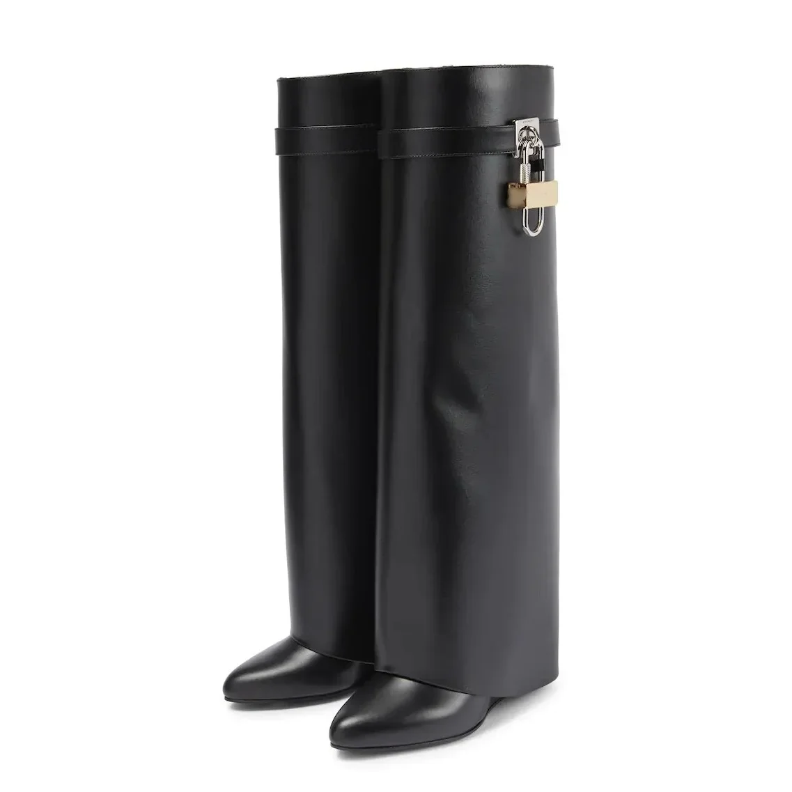 Knee High Winter Women Shark Boots With Lock Hot Sale Leather Wedges Height Increase Round To Leather Fashion Women Shoes