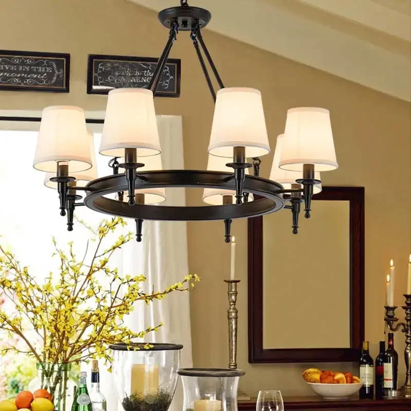 Vintage Chandelier Modern Living Room Bedroom Foyer Light Fixtures Fabric Lampshade Lamp Decor Home