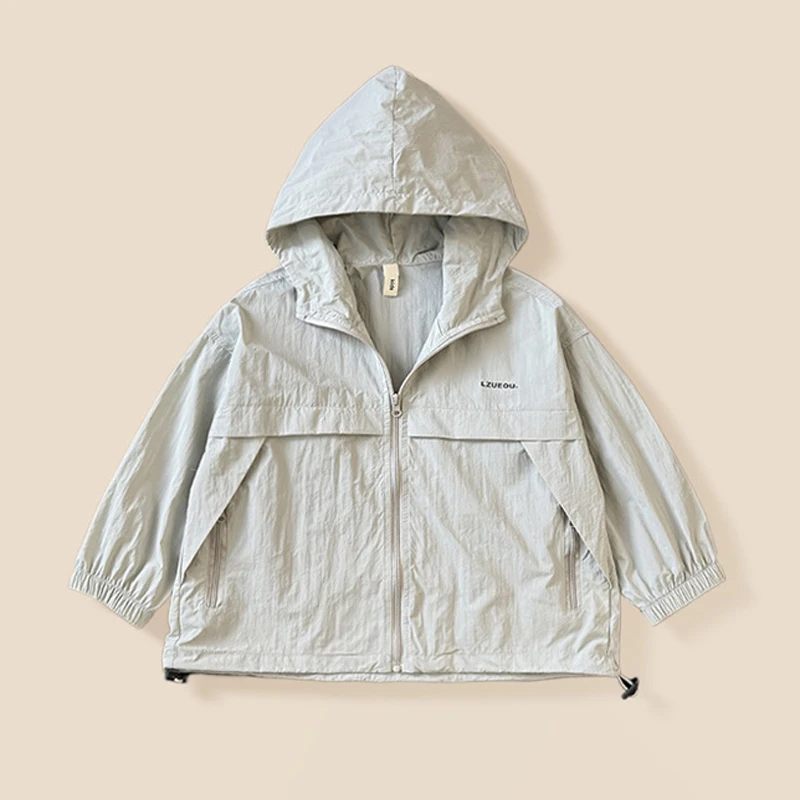 2026 Spring Summer Girls Boys Sunscreen Jacket Solid Color Thin Hooded Zipper Coats For Kids Casual Outerwear UPF50+  2-8 Years