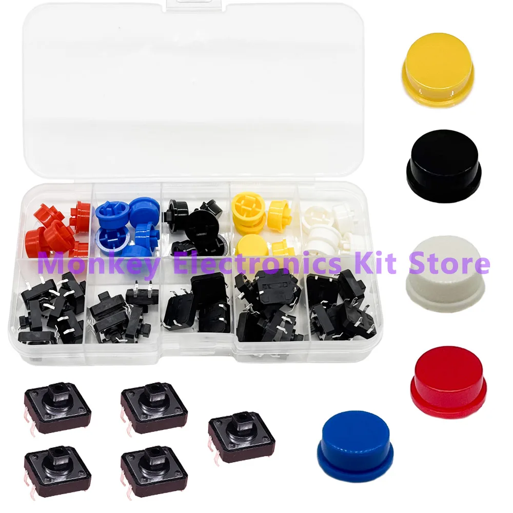 25PCS Tactile Push Button Switch Momentary 12*12*7.3MM Micro Circular Cap Kit (5 Colors) for R3 Board Switchs