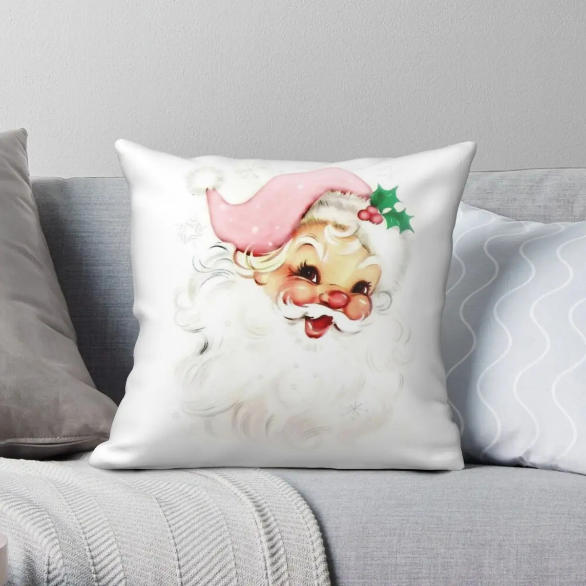 

Cute Pink Smiling Santa Face Square Pillowcase Polyester Linen Velvet Creative Zip Decorative Sofa Seater Cushion Cover 45x45