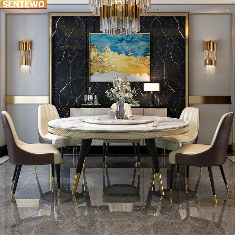 

Designer Luxury round kitchen Marble Rock Slab dining table set 6 chairs tablo furniture meuble marbre Stainless steel gold base