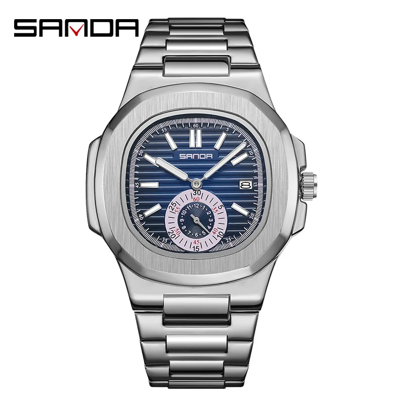 Sanda 7020 Unique Design Dial Stainless Steel Strap Japan Quartz Movement Waterproof  Business Men Elegant Calendar Wrist Watch