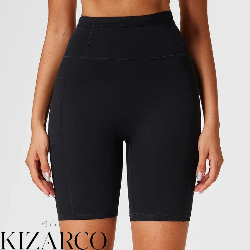 High-Waisted Yoga Shorts for Women, black Mesh Panel Bike Shorts with Pockets, Stretchy Workout Leggings for Gym and Running