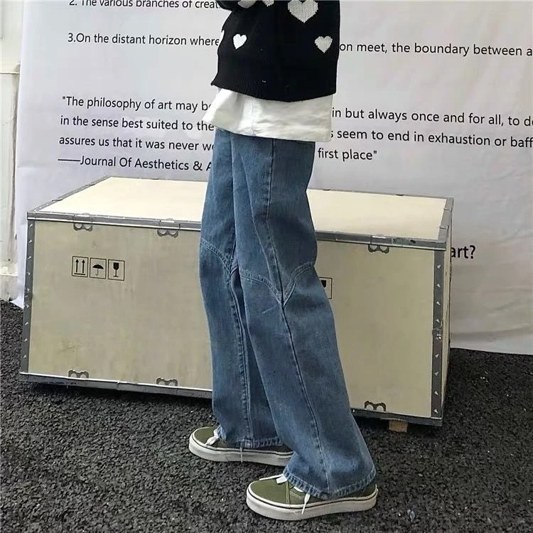 Men's Vintage Japanese Style Dad Jeans Heart Embroidery Loose Straight Washed Denim Pants Trendy Casual Streetwear