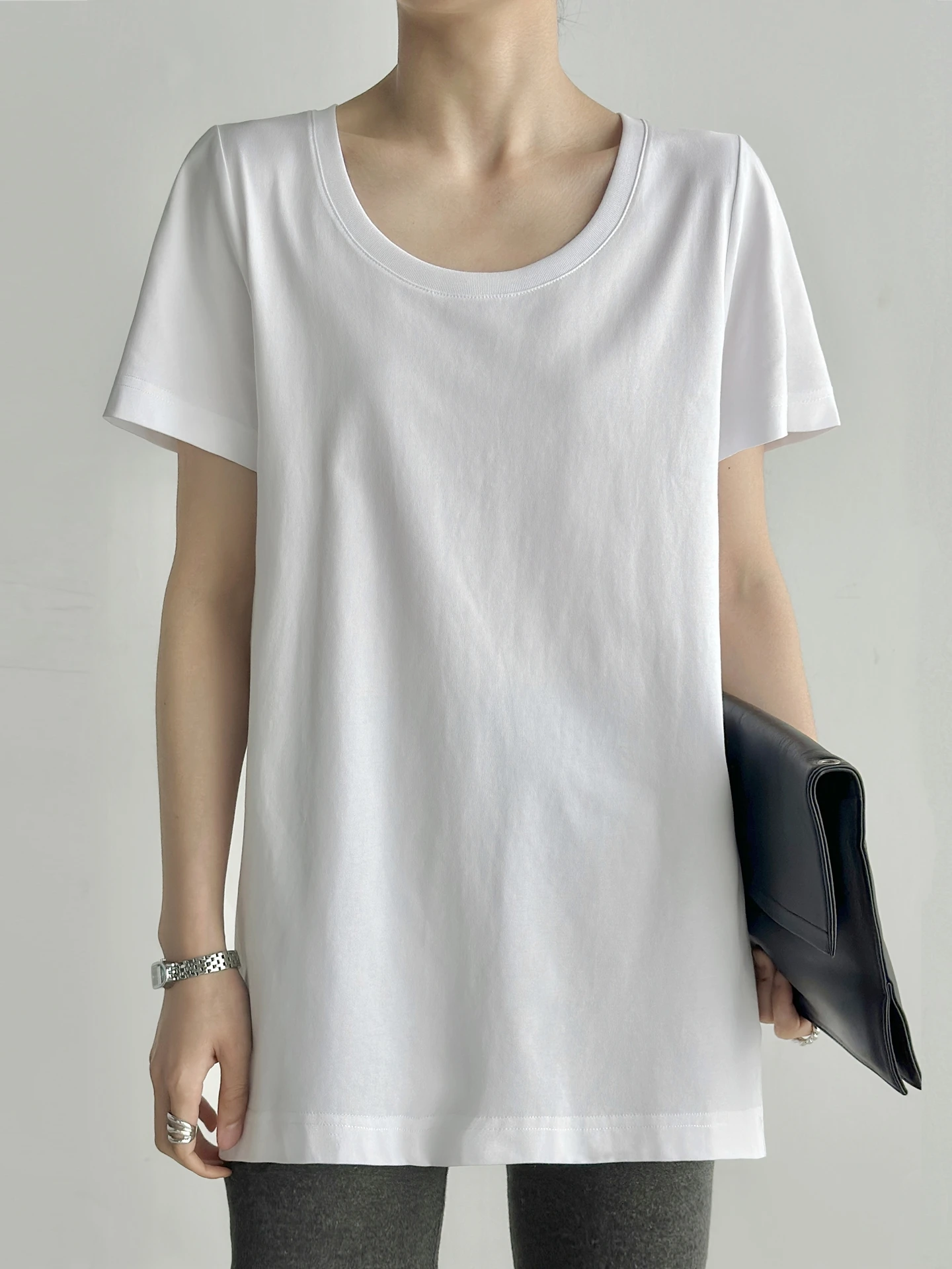 

Loose Fit Cotton T-Shirt Women's U-Neck Short Sleeve Mid-Length Base Shirt Casual Comfortable Breathable Sweat-Wicking