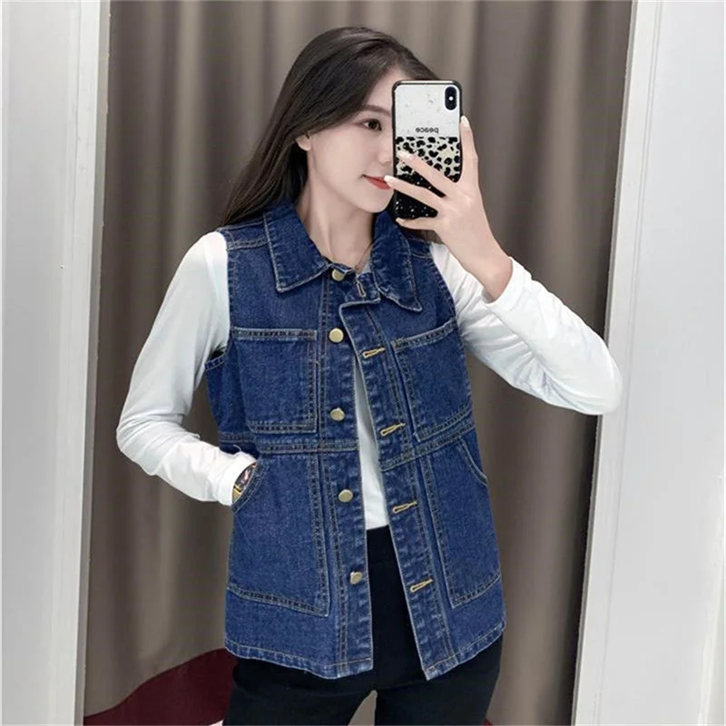 2022 Spring and Autumn Color Denim Vest Women's New Short Large Pockets All-Match Net Red Tide Is Thin and Sleeveless Jacket