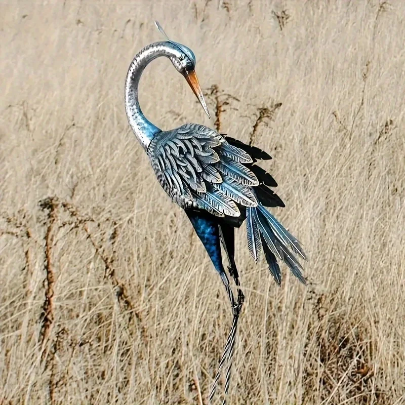 Rustic Metal Garden Crane Statue Outdoor Decor, Standing Heron Sculpture Lawn Ornament, Blue Bird Lake Yard Backyard Patio Decor