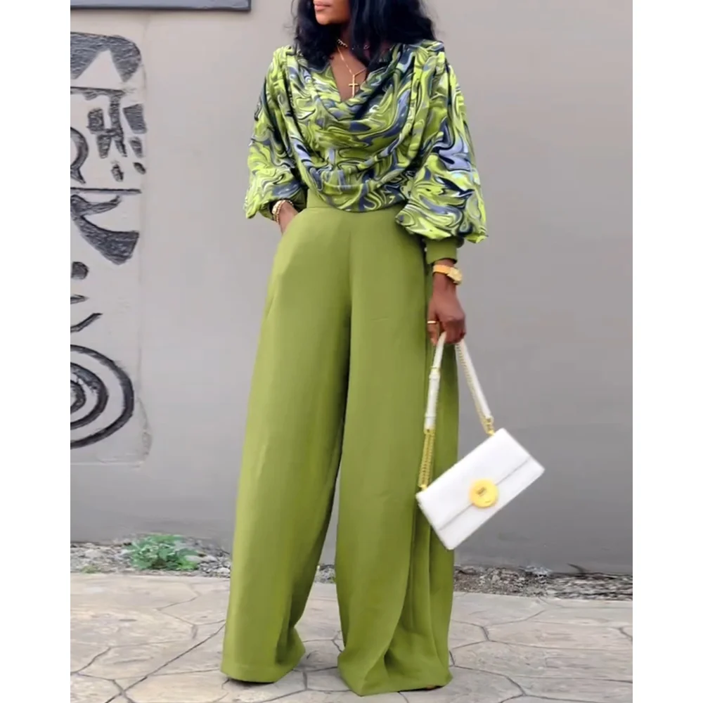 2 Pieces Outfit Abstract Print Cowl Neck Lantern Sleeve Stretchy Hem Crop Top and Casual Zipper Side Ruched Wide Leg Pants Set