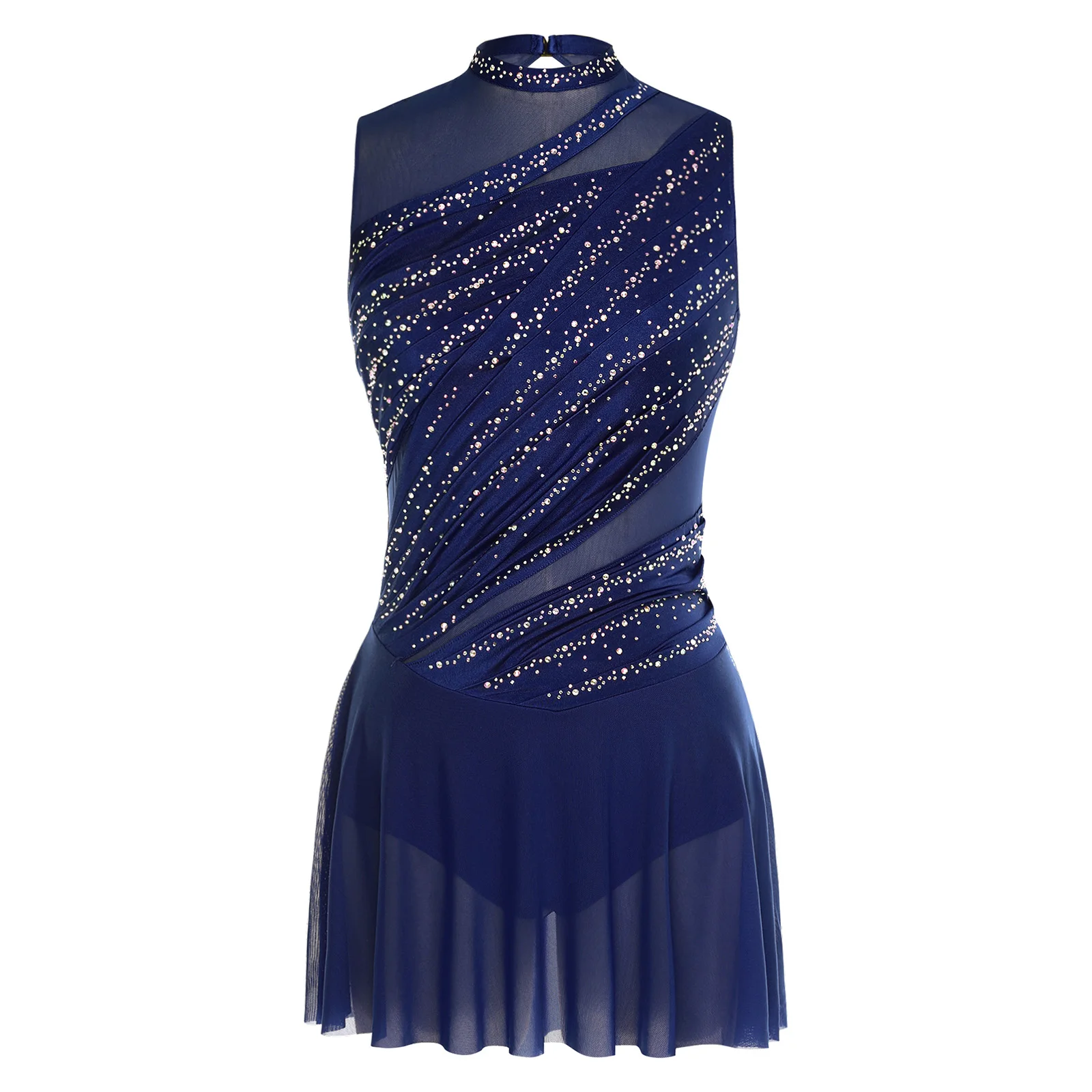 Womens Shiny Rhinestone Gymnastics Figure Skating Dresses Ballet Jersey Lyrical Dance Performance Costume Ruched Dance Dress