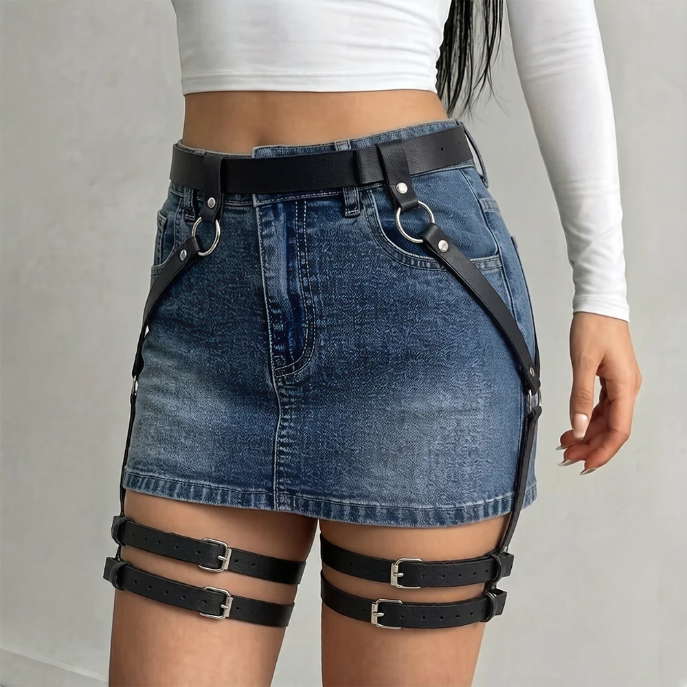 PU-Leder Verstellbarer Gothic Y2K Punk Sexy Harness-Gürtel für Damen, Bondage-Oberschenkel-Beinriemen, Party-Club-Taillengürtel