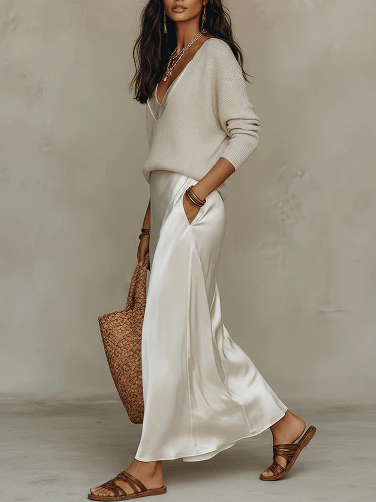 2PCS Women's V Neck Pullover Top And Sexy Dress Set Long Sleeve Patchwork Fashion Outfit for Spring And Autumn Streetwear 2026 image 2