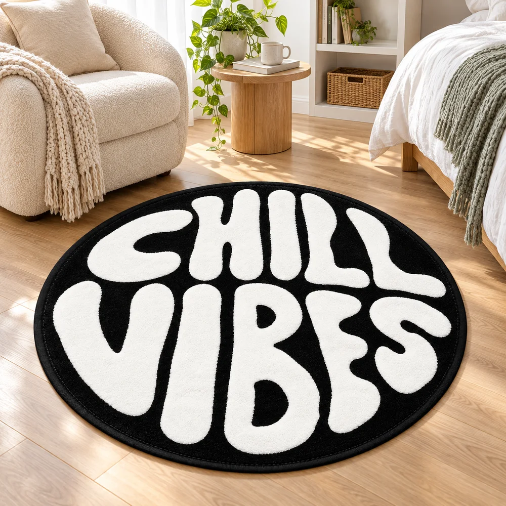 CHILL VIBES Round Floor Mat, Black and White Graphic Soft Flannel Non Slip Accent Rug for Bedroom Living Room Entryway Decor
