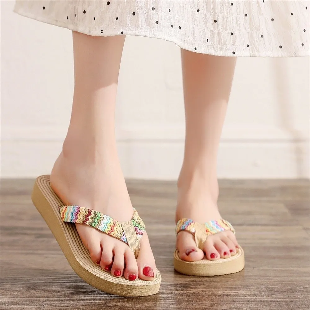 

Ethnic Style Bohemian Flip Flops Wedge Heels Casual Flat Woven Flip-flops Anti-slip Flat Heel Slippers Outdoors