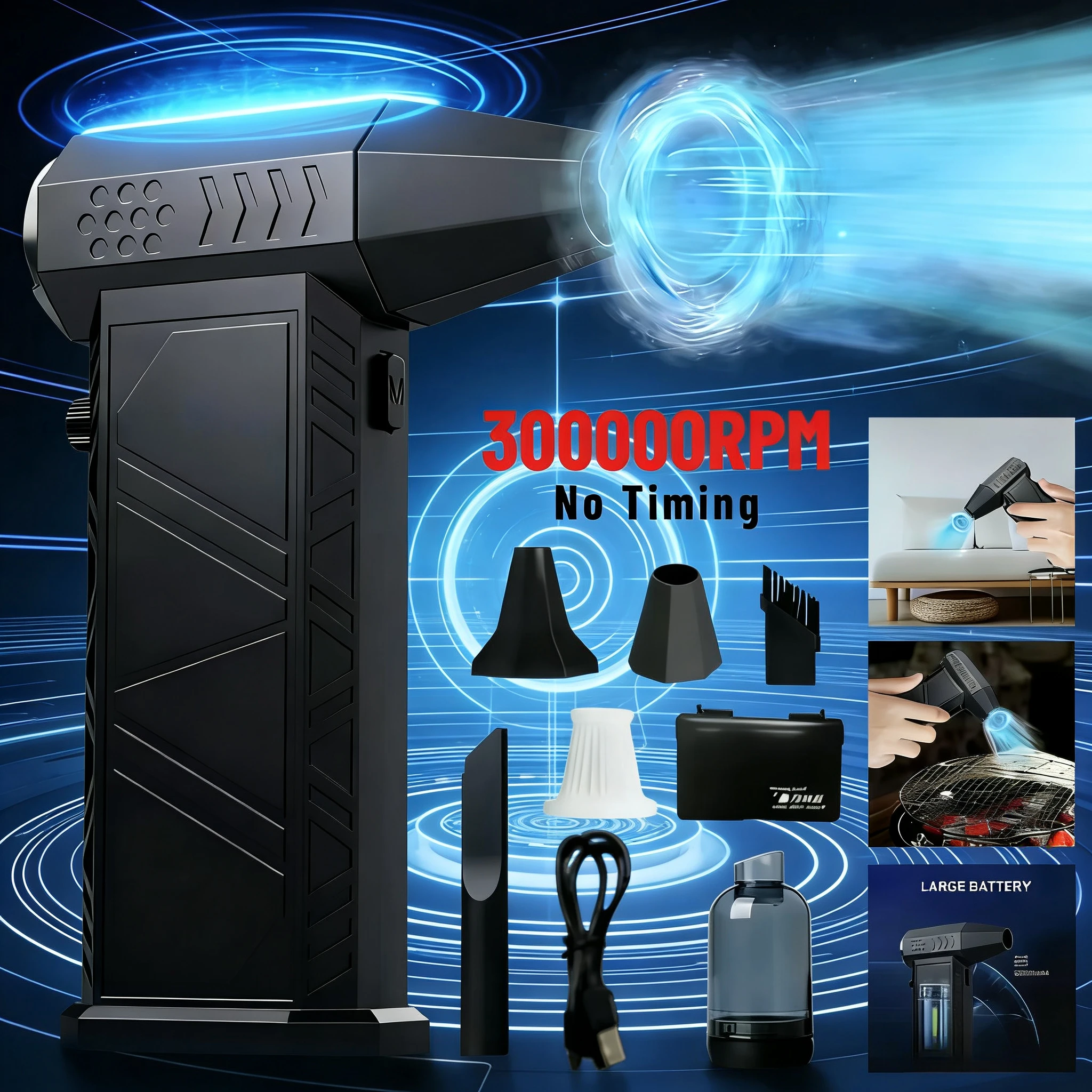 

Portable 300000RPM X9 Camping Fan - 150W Powerful 53m/s Typhoon Wind, 6000mAh Rechargeable Type-C