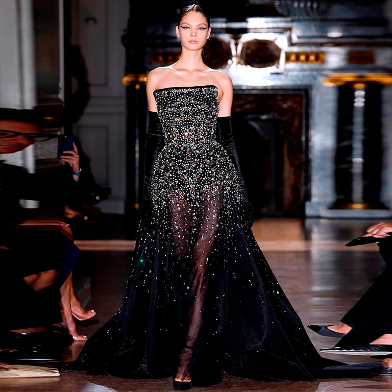 L272 Zuhair Murad Strapless Black Crystal A-line  فساتين السهرة vestidos de fiesta  فساتين سهره evening dresses