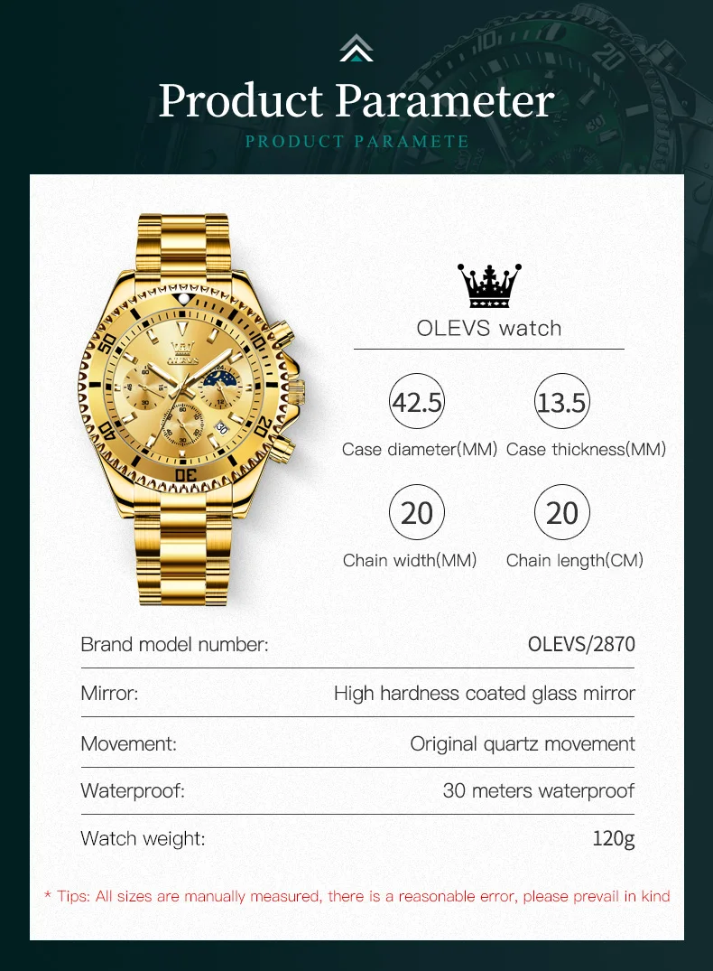 Olevs Herren uhren Luxus goldene Armbanduhr für Herren Chronograph High-End wasserdichte Original Mondphase Quarz Herren uhr