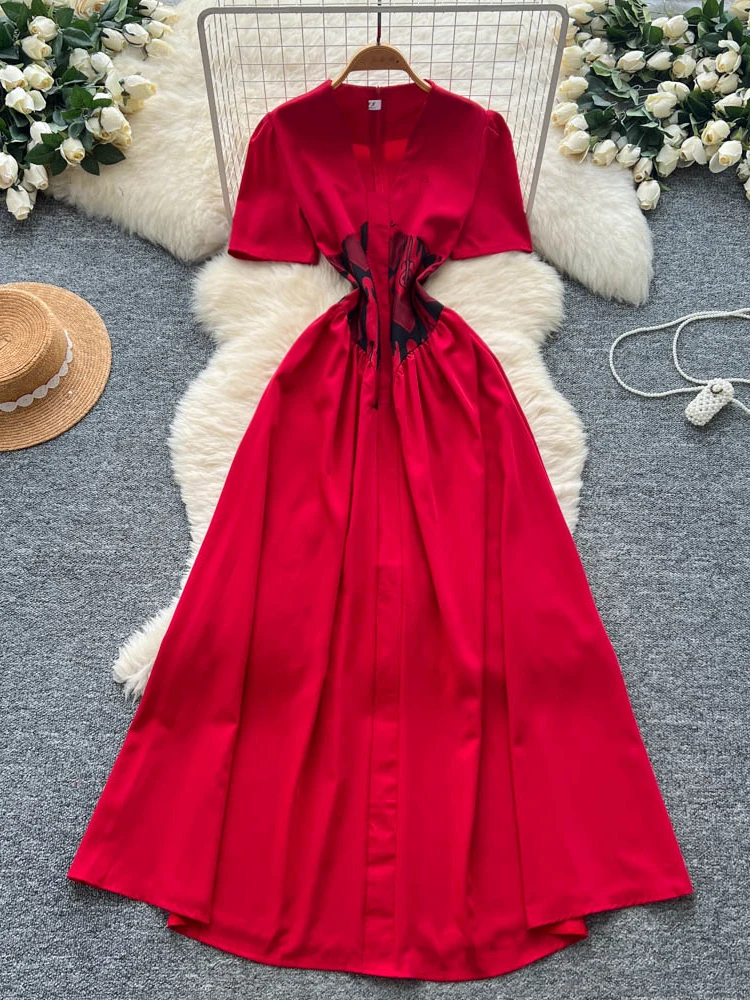 우아한 프린트 여름 드레스 여성용 브이넥 반팔 하이웨이스트 슬림 롱 드레스 한국 스타일 도시 출퇴근 패션