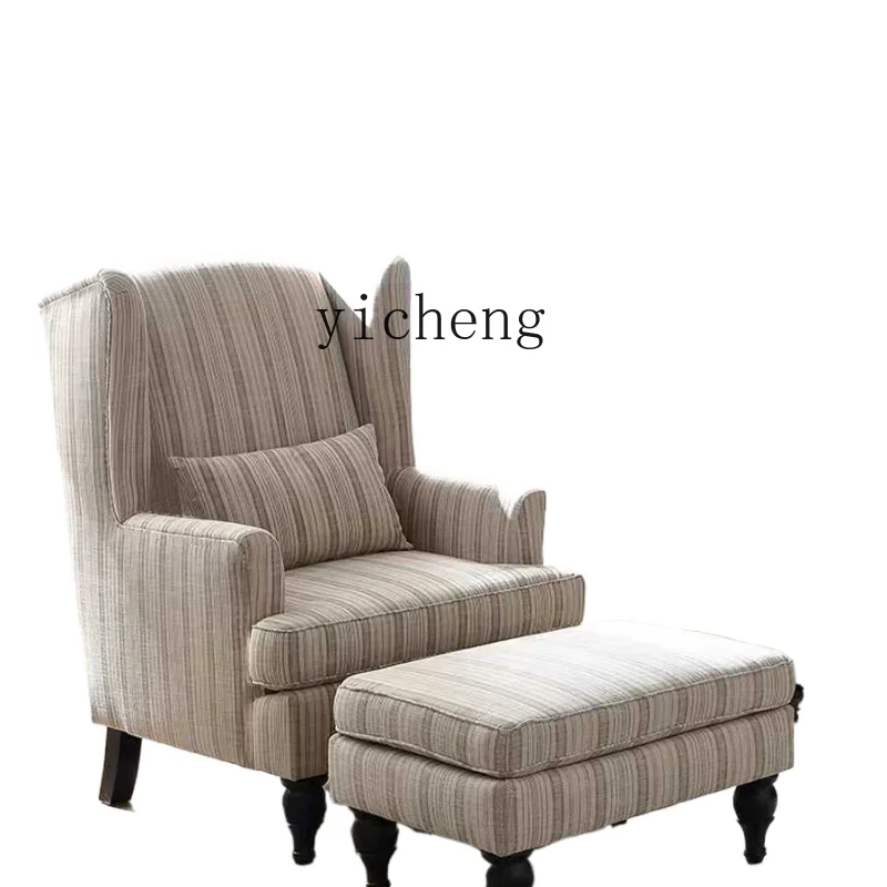 

ZK Country Cotton Linen Fabric Wingback Chair Living Room Striped High Backrest Solid Wood Balcony Leisure Couch