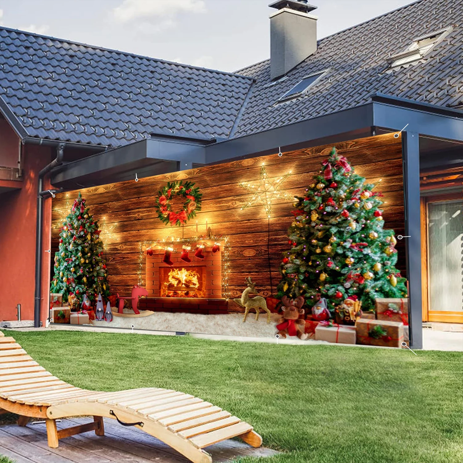 クリスマスガレージドア装飾冬の暖炉クリスマスツリーレンガ壁ガレージドアカバー壁パティオ庭外用