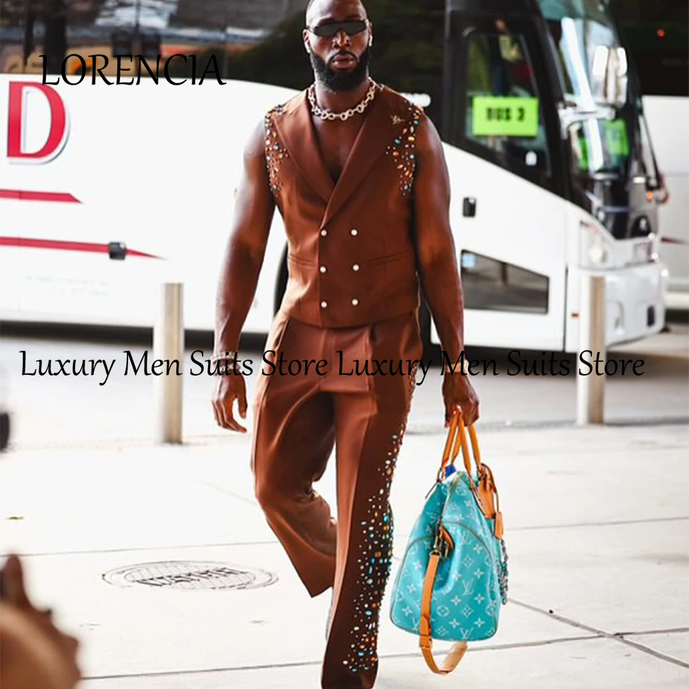 

Casual Colorful Crystal Suits for Men 2 Pieces Double Breasted Wedding Party Outfits Customized Vest Pants robe mariage femme