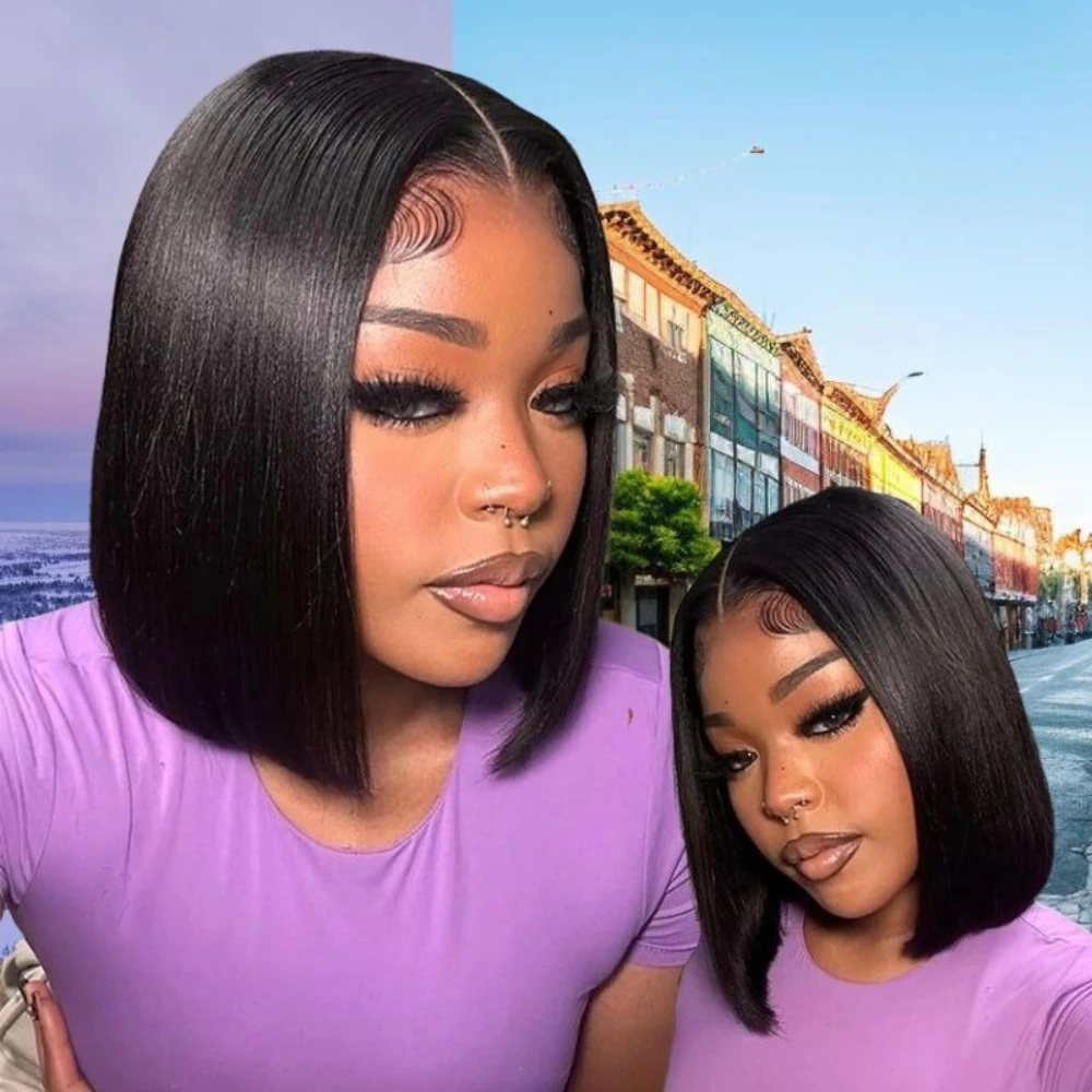 

Парик-фронтал 13x4 Bone Straight Lace Frontal Wigs, короткий боб, с прозрачной сеткой, предварительно выщипанные пряди, бразильские человеческие волосы, 14 дюймов