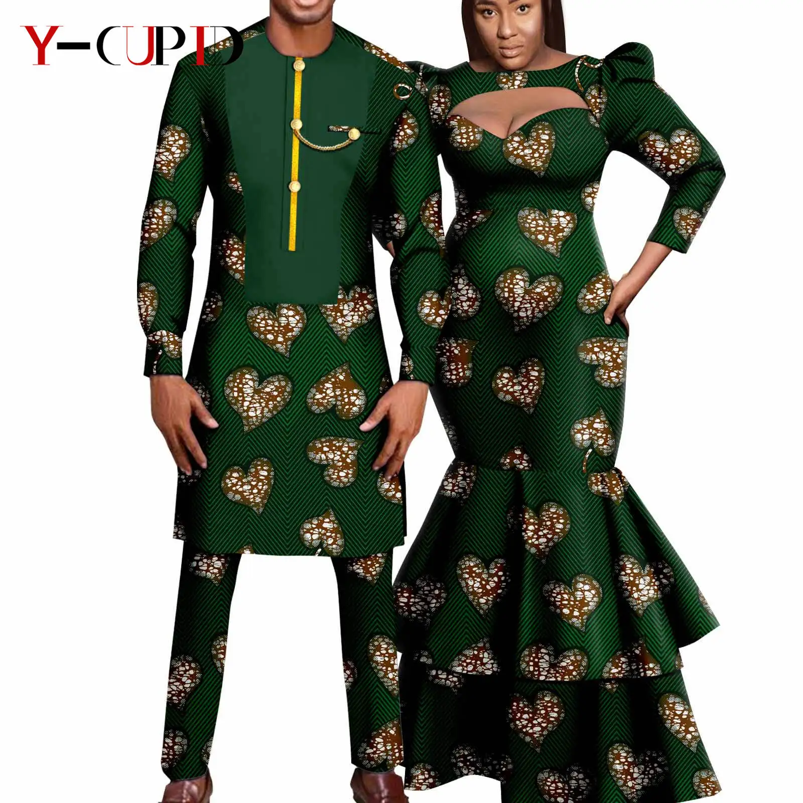 African Print Long Dresses for Women Matching Men Outfit Dashiki Top and Pant Sets Couples Clothes Kaftan Party Outwear Y23C054