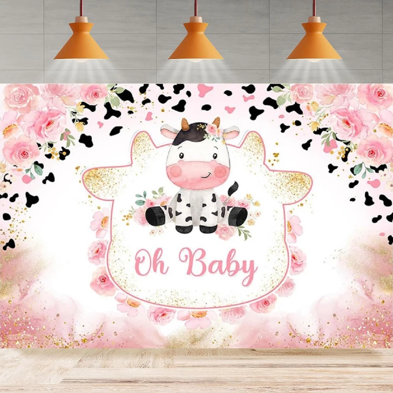 

Holy Cow Photography Background Girls Oh Baby Pink Floral Gold Glitter Black Cow Print Pampas Party Backdrop Wall Banner Decor