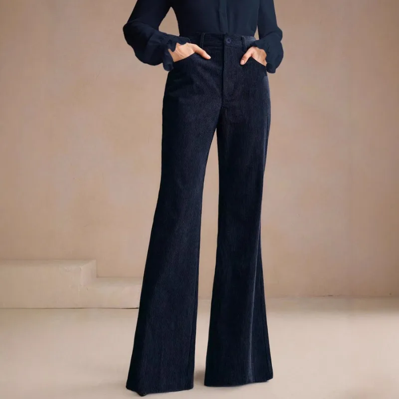 

Женские темно-синие вельветовые брюки-клеш с высокой талией, в стиле ретро, с широкими штанинами и карманами