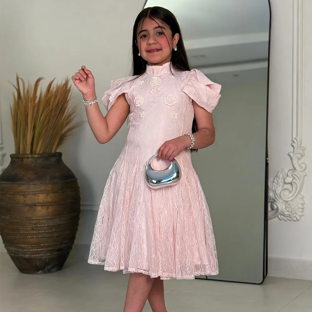 

Pink Flower Girl Dresses Lace Dress For Girls A-line Birthday Dress High Neck Girl Princess Dress Short Sleeves Kids' Dresses