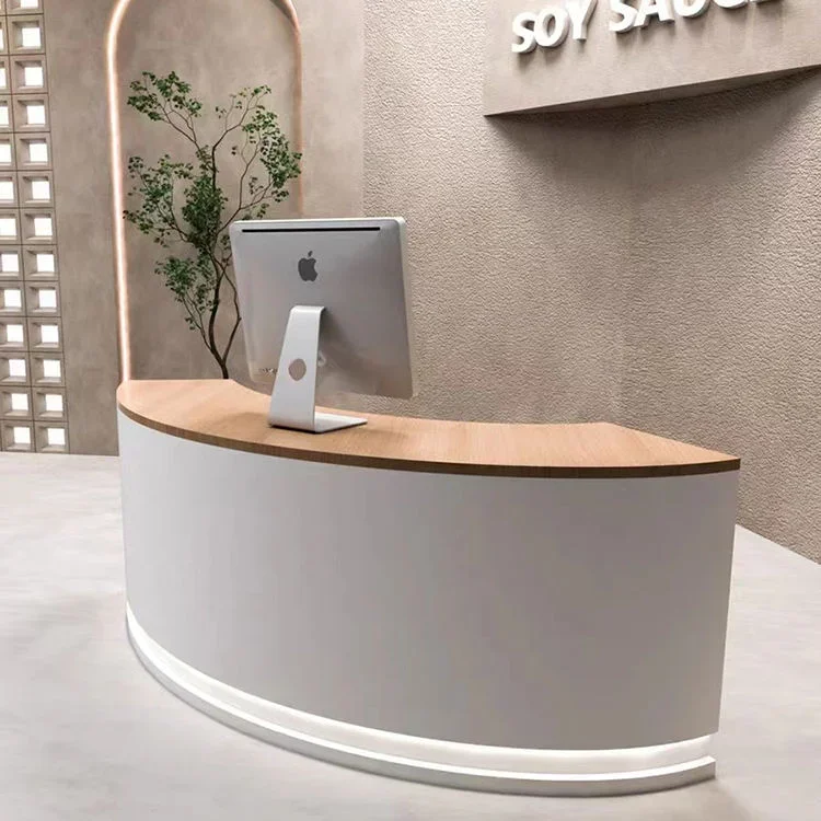 Arc-Shaped Natural Wood-Colored Reception Desk Bar Counter Cash Register For Beauty