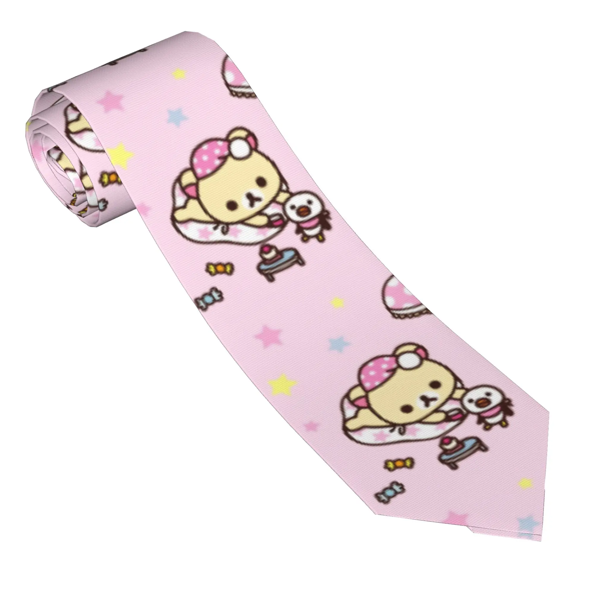Pink Bear Polka Dots Necktie Men Polyester 8 cm Wide Neck Tie Rilakkumas for Mens Shirt Accessories Cravat Wedding Gift
