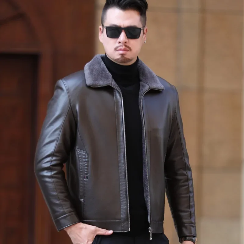 Men\'s Fur One Casual Thickened Motorcycle Jacket Mens Fashion Leather Jacket Male Plus Cashmere Sheep Leather Jacket Short Coat