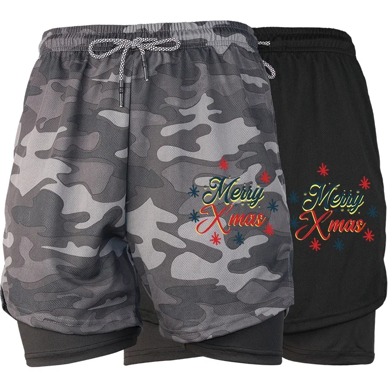 

Летние мужские шорты для бега в тренажерном зале 2 в 1, с принтом и карманом для телефона, быстросохнущие, дышащие