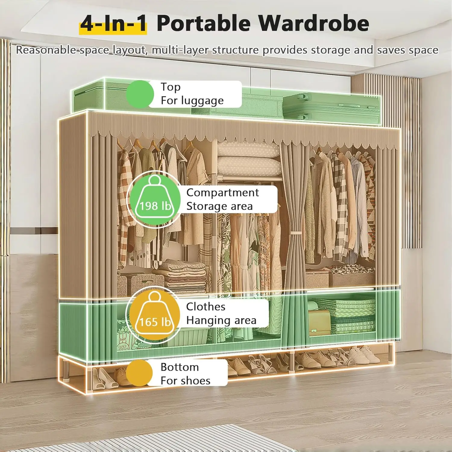 Portable Closet Closet Wardrobe, Wardrobe Rack with Cover, Gray Stripes, Storage Closet for Hanging Clothes, Equipped