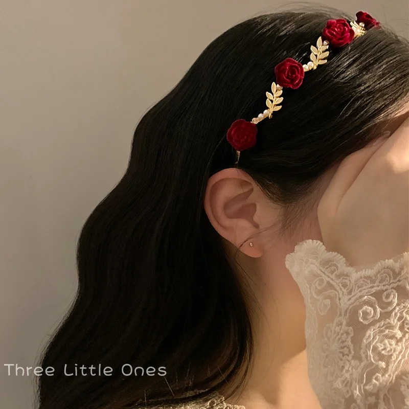 Banda para el pelo de flores rojas y rosas secas francesas para mujer, accesorio para el cabello, tocado de novia, diadema de rosas para niña, regalo de San Valentín