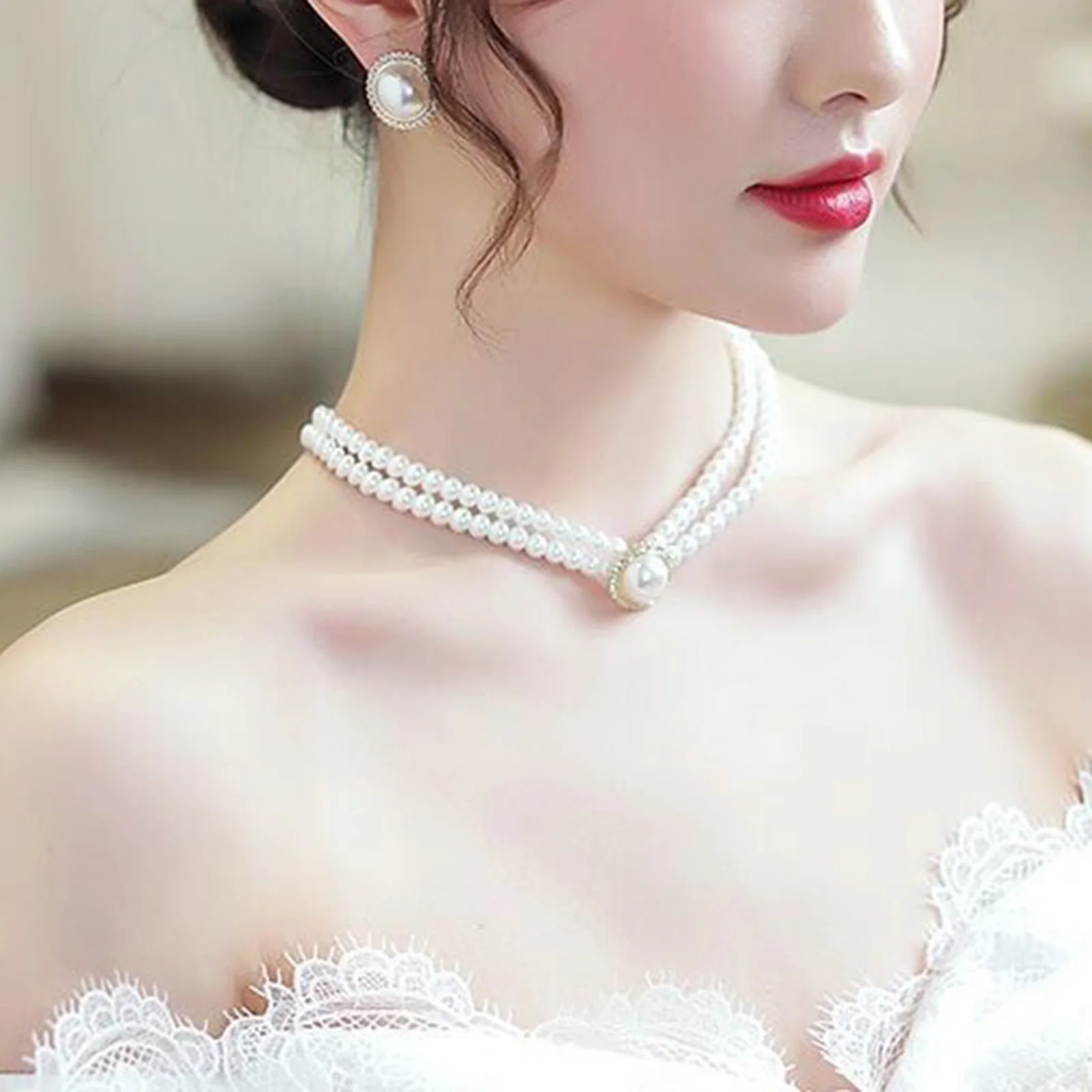 Collar de perlas de clavícula Vintage francés para novia, joyería de boda, gargantilla elegante de doble capa, regalo para mujer, novia