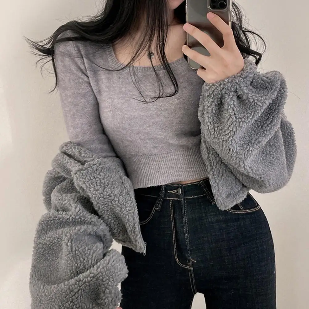Women Faux Shearling Jacket Loose-fitting Women Jacket Winter Women Jacket Thick Fleece Coat Stand Collar Zipper Closure