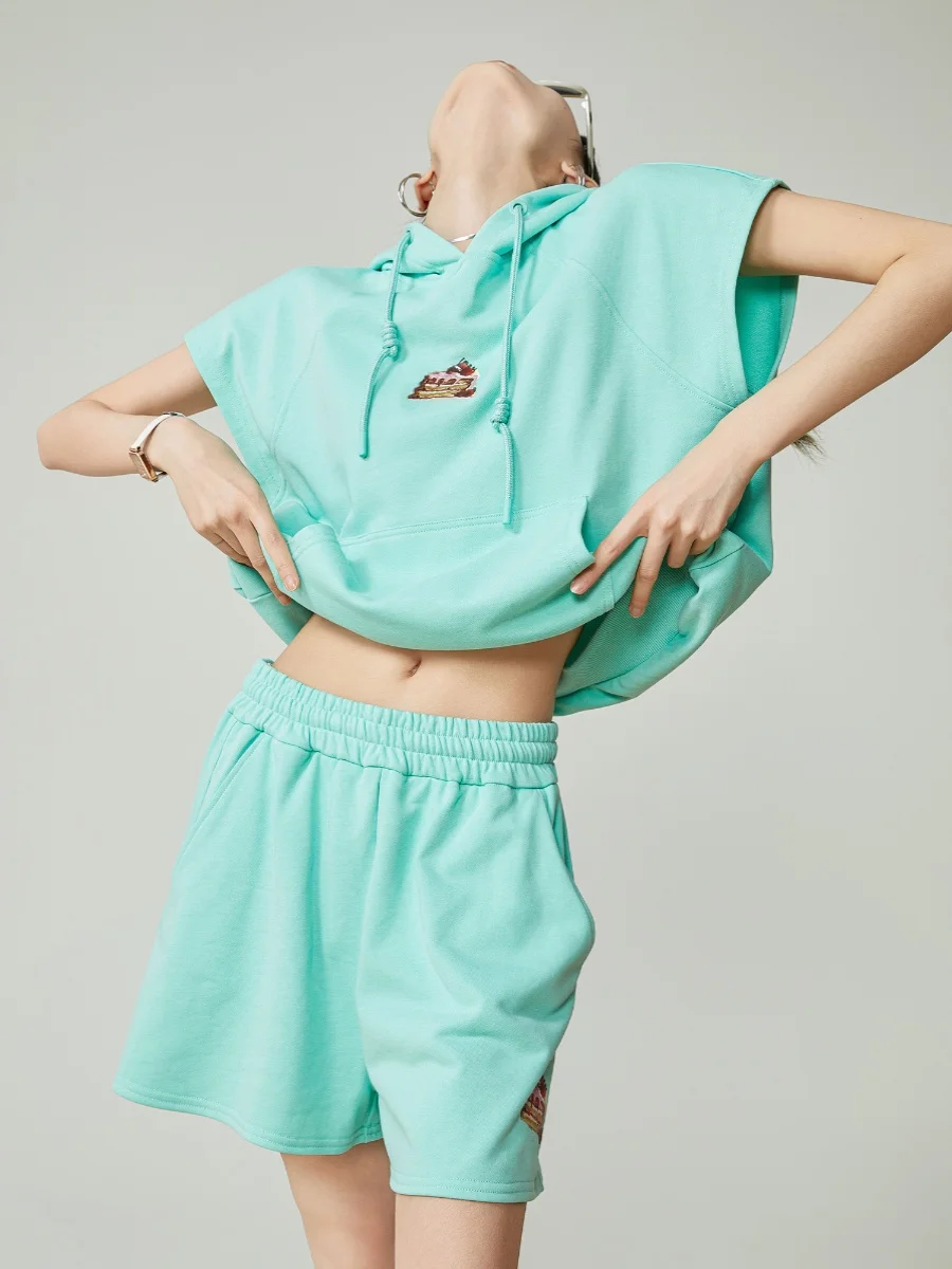 

American Retro Lake Blue Hooded ort Sve Set Women Loose Summer 2025 New Sle orts Sports Casual Two Piece Set