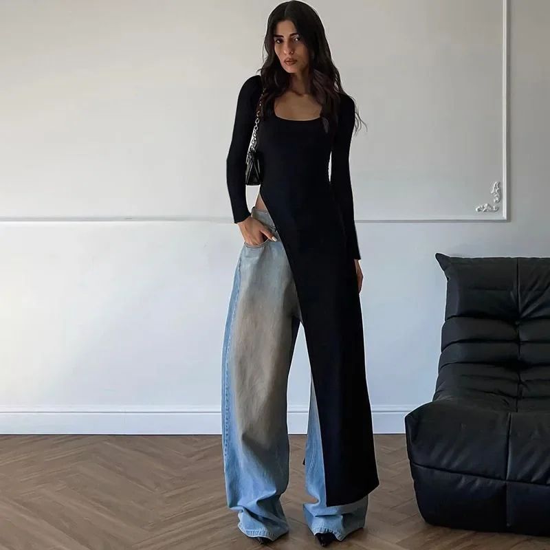 

Women Unique U-neck Skinny Splited Super-Long Tees Tops Classic Concise Solid Autumn Full Sleeve Popular New Wild T-shirts
