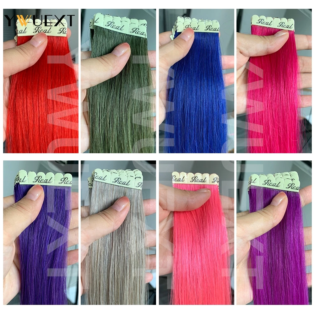 YWUEXT 12 "-24" Echt Menselijk Haar Tape Extensions Machine Remy Steil Haar Voor Hoogtepunt 10 stks/pak Mini Tape in Haar Rode Kleur