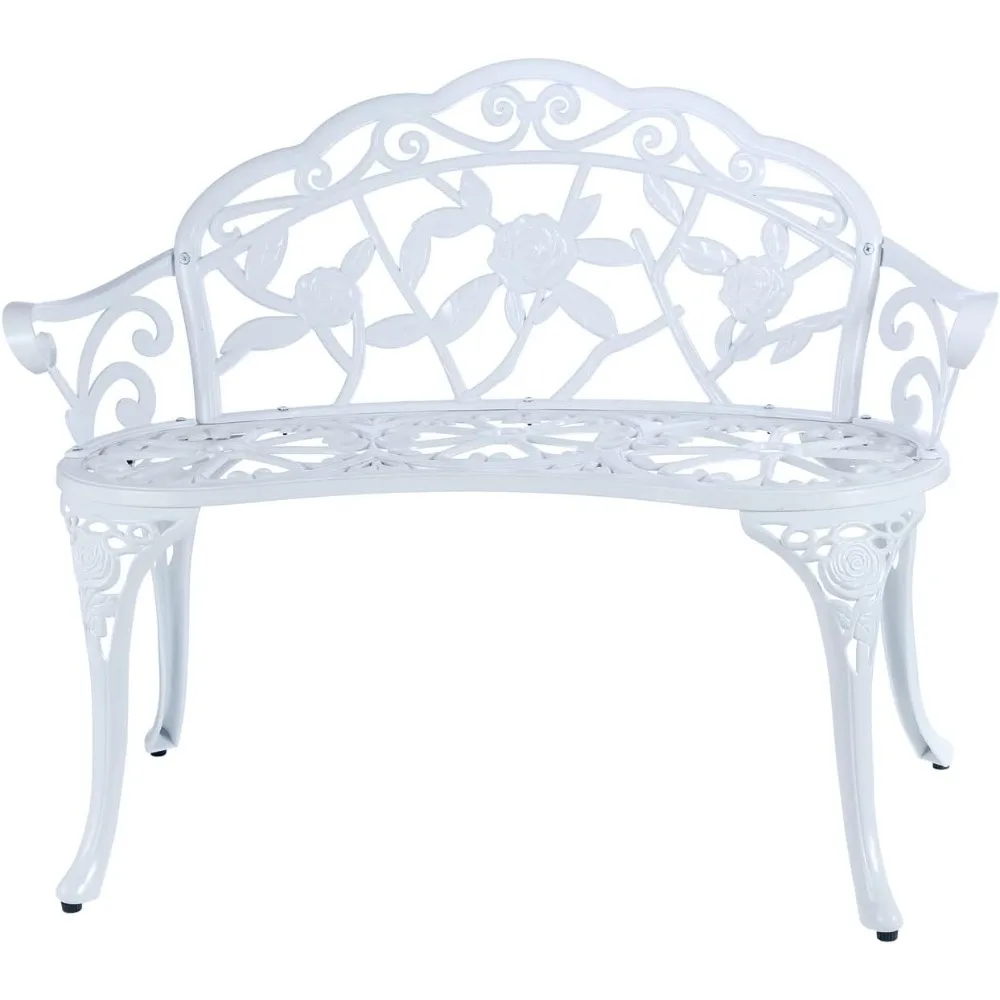 Patio Garden Bench Metal Park Bench Cast Aluminum Outdoor Furniture with Floral Rose for Patio,Park,Lawn,Yard (White)