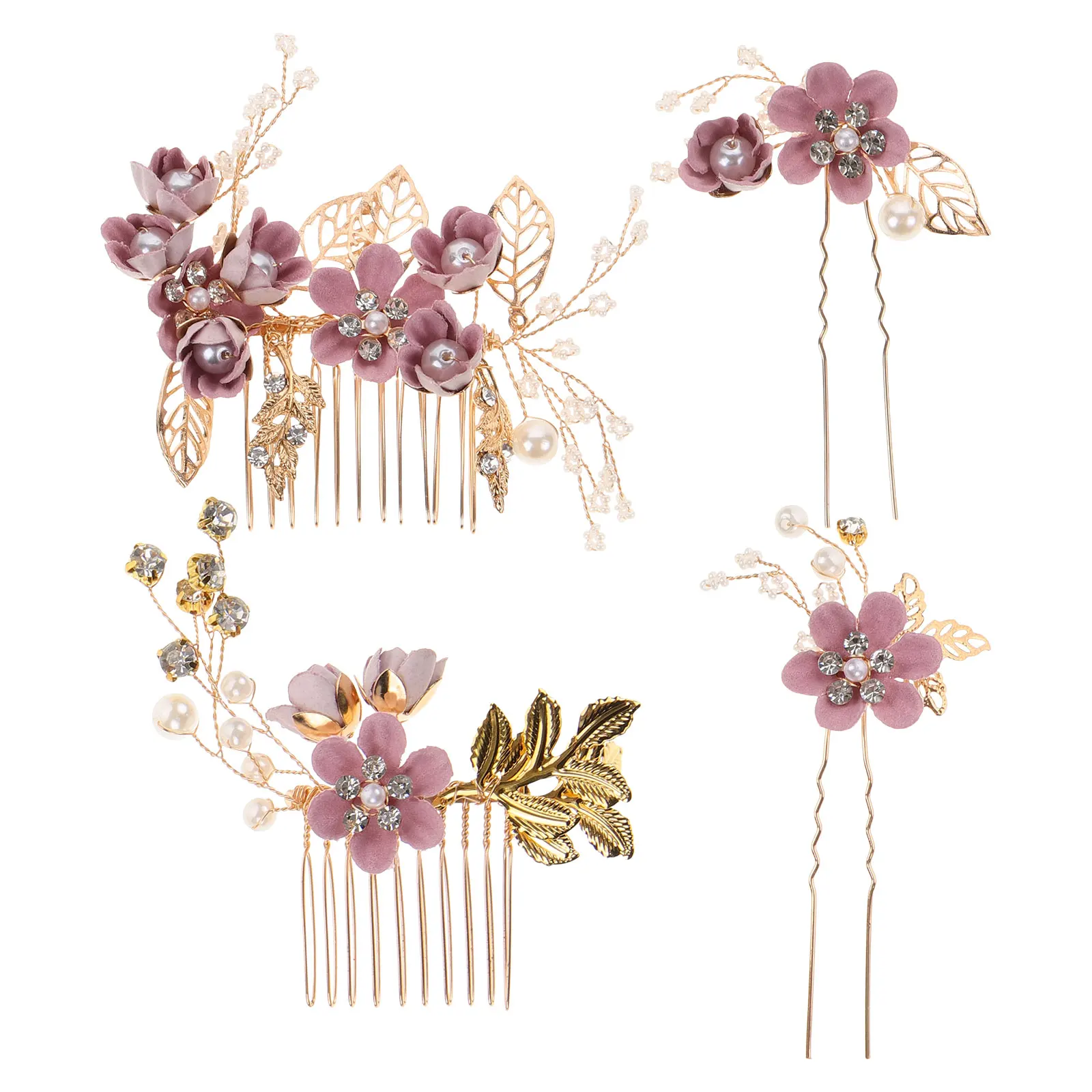 

4Pcs Pearl Wedding Hair Comb Set Stylish Bridal Headpiece for Bride Bridesmaid Party Floral Accessory Purple Comb for Bridal