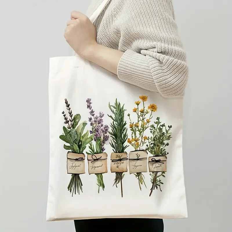 Large Canvas Tote Bag - Beige Floral Herb with Lavender Chamomile Gardening Beach Botanical Print Gardening Lover